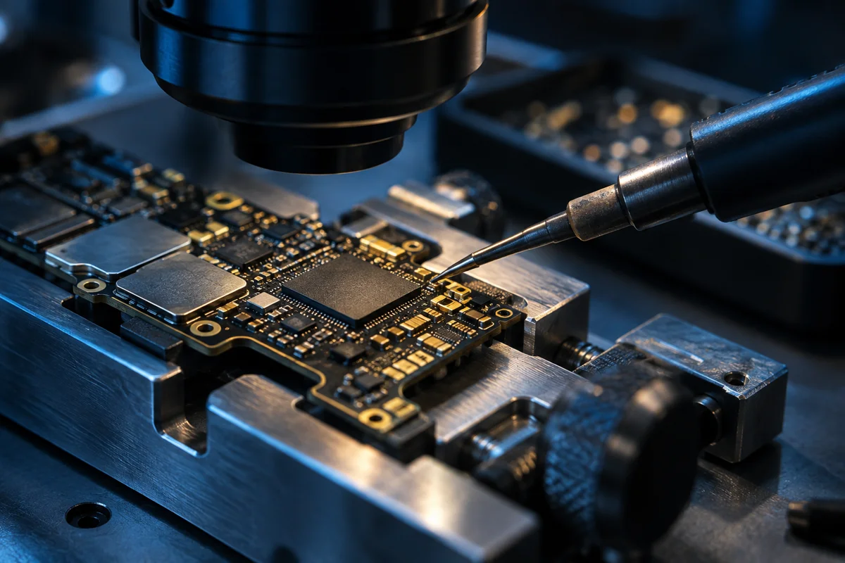 Illustration of precision microsoldering under an inspection microscope
