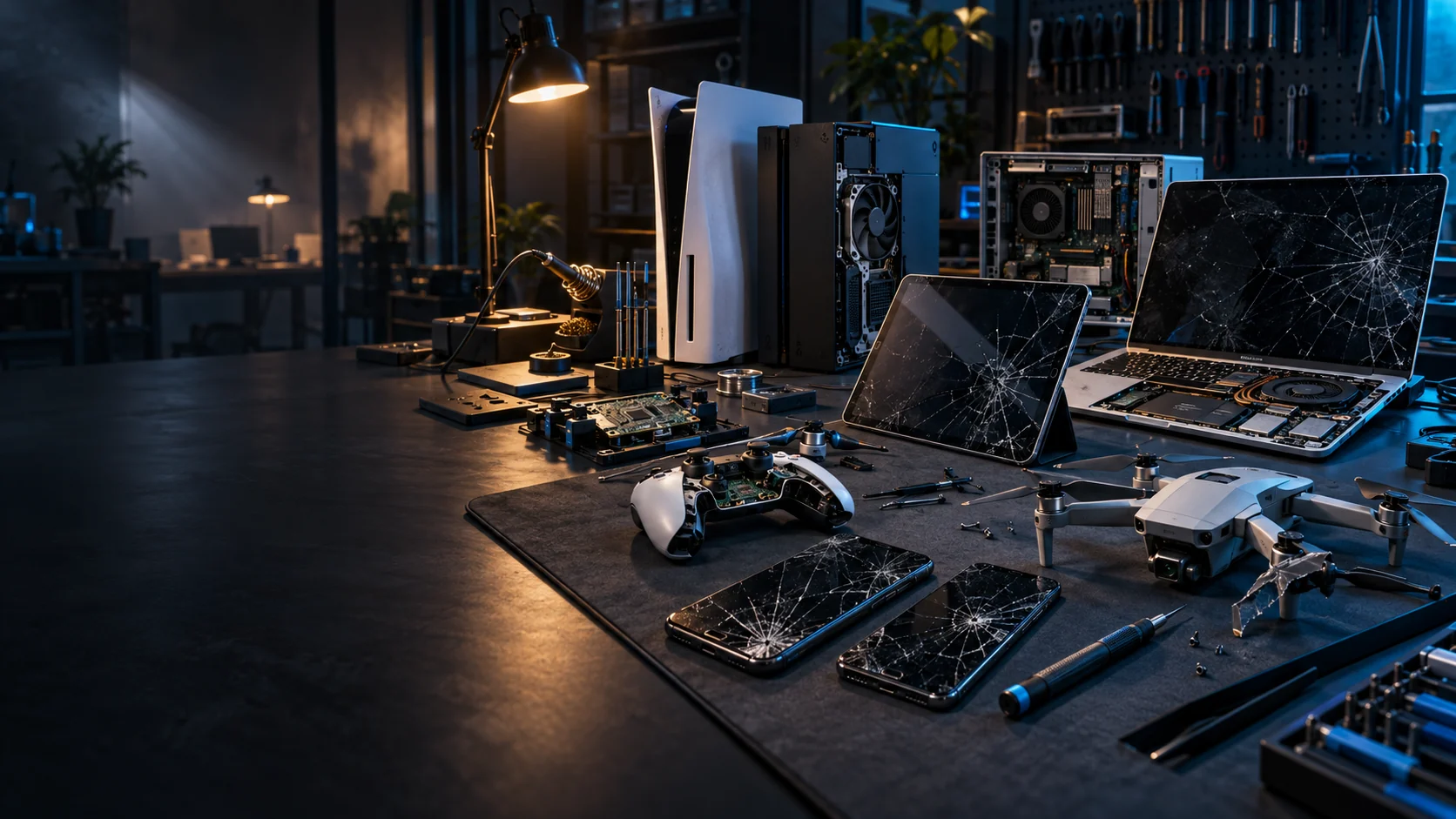 Cinematic repair illustration: cracked phones and tablet, an open laptop and desktop PC, two game consoles, a controller, and a damaged drone on a workbench